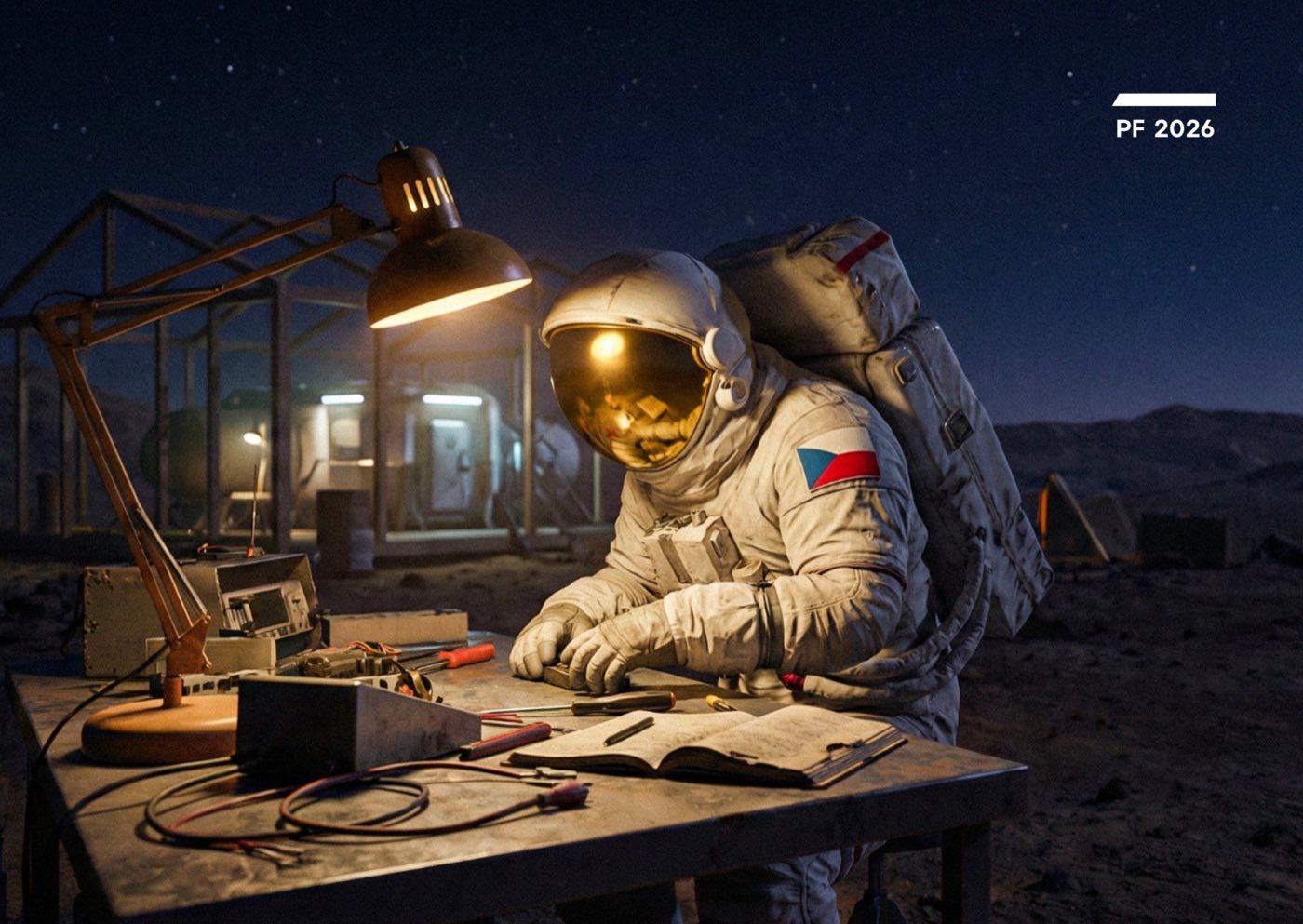 Astronaut s českou vlajkou na rukávu pracuje u polního stolu s nářadím a otevřeným zápisníkem. V pozadí skleníková stanice a noční poušť. V rohu PF 2026.